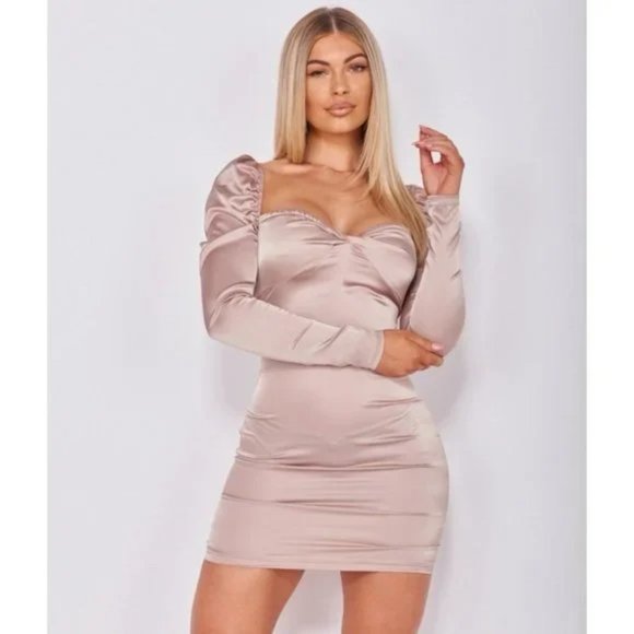 Satin Silk Long Puff Sleeve Bodycon Mini Dress - Picture 1 of 10